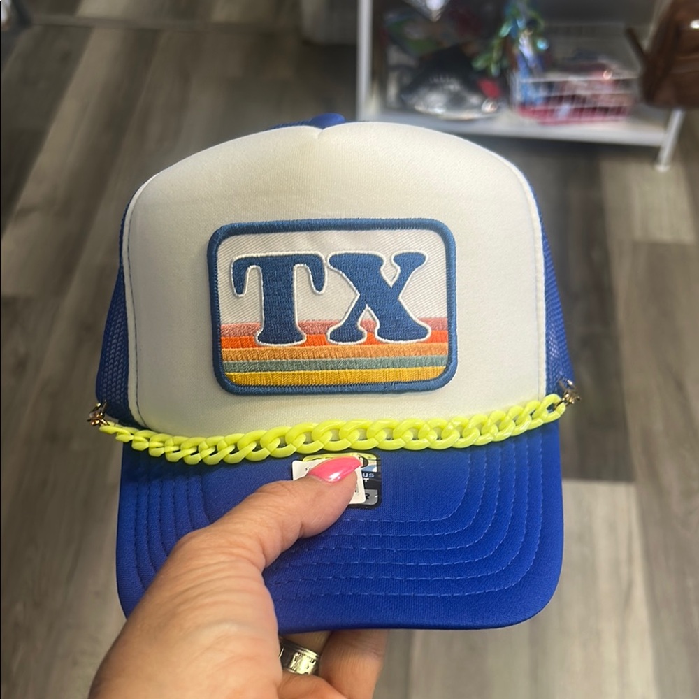 Blue and White TX Trucker Hat with Chain